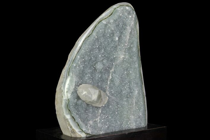 Druzy Green Quartz With Calcite On Wood Base - Uruguay #83881